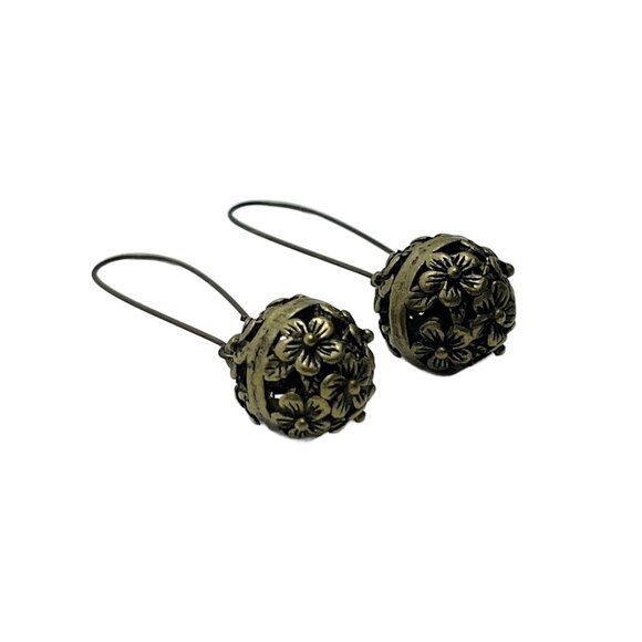 Flower Sphere Dangle Earrings Antique Bronze Tone on Long Kidney Ear Wires Boho - Picture 1 of 7